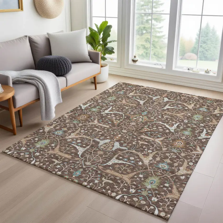 Brown Green And Ivory Floral Washable Indoor Outdoor Area Rug Photo 7