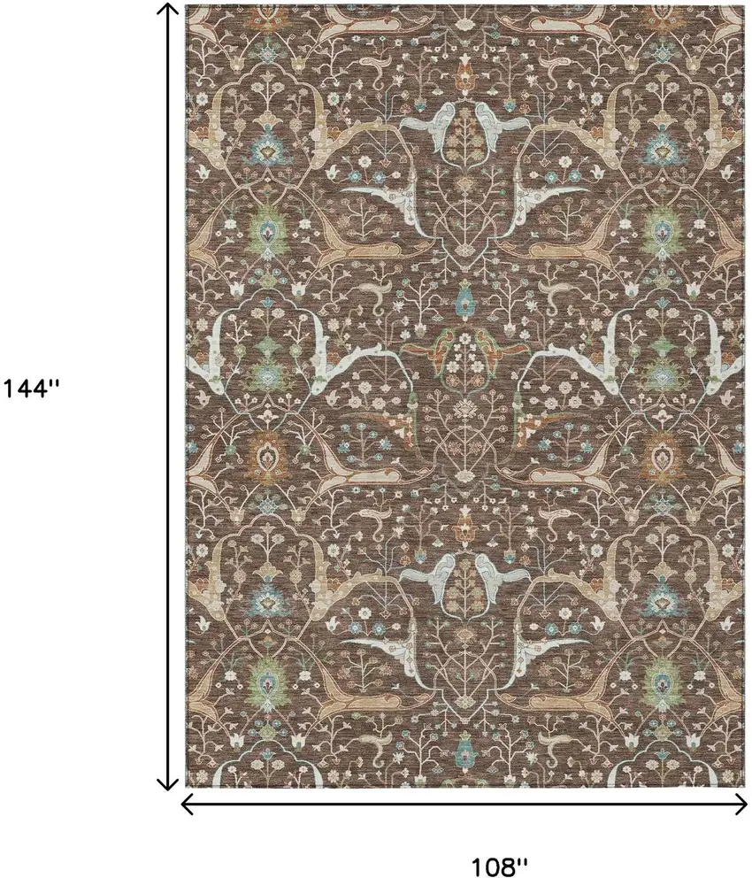 Brown Green And Ivory Floral Washable Indoor Outdoor Area Rug Photo 3