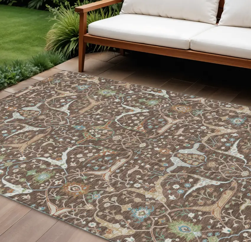 Brown Green And Ivory Floral Washable Indoor Outdoor Area Rug Photo 1