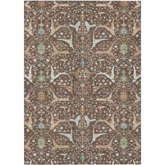Brown Green And Ivory Floral Washable Indoor Outdoor Area Rug Photo 2