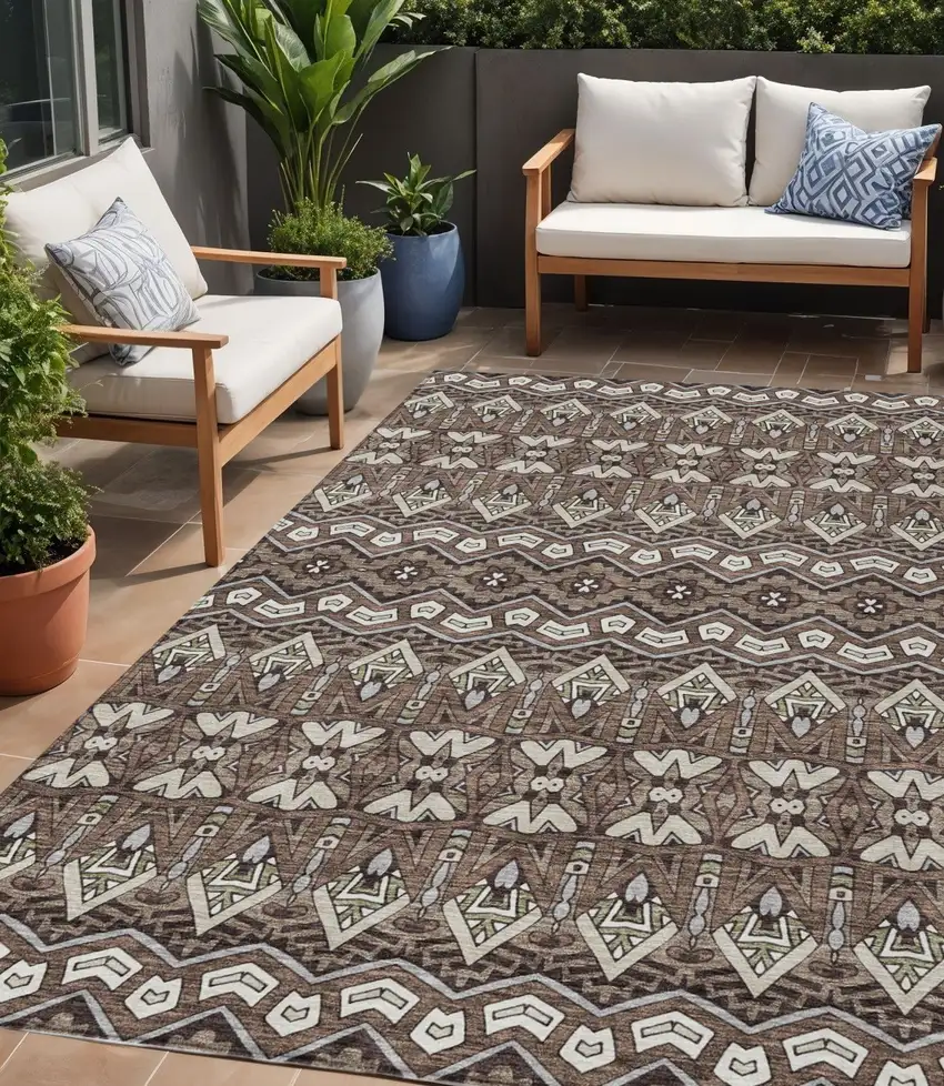Brown Green And Ivory Moroccan Washable Indoor Outdoor Area Rug Photo 1