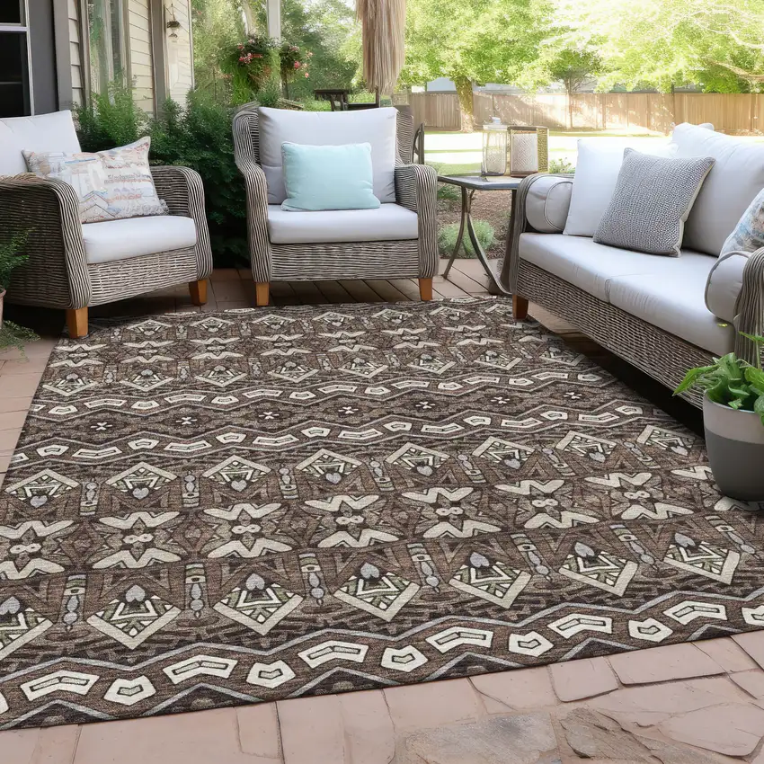 Brown Green And Ivory Moroccan Washable Indoor Outdoor Area Rug Photo 9