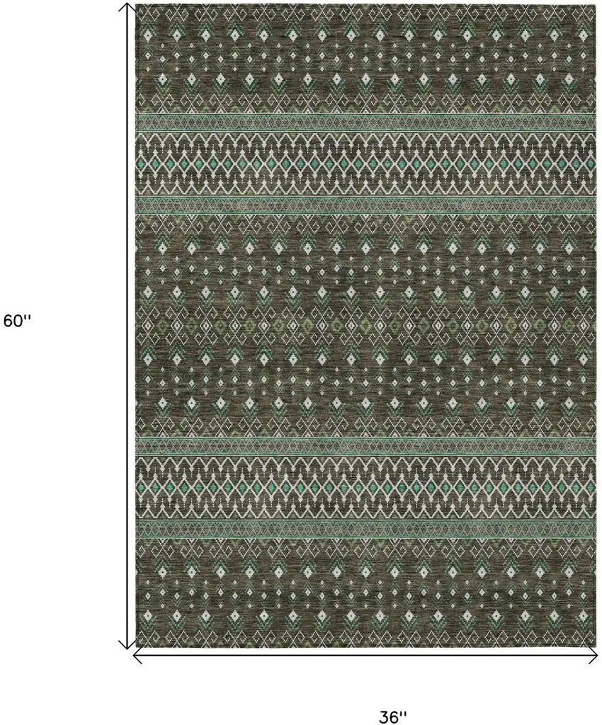 Brown Green And Olive Green Tribal Washable Indoor Outdoor Area Rug Photo 3