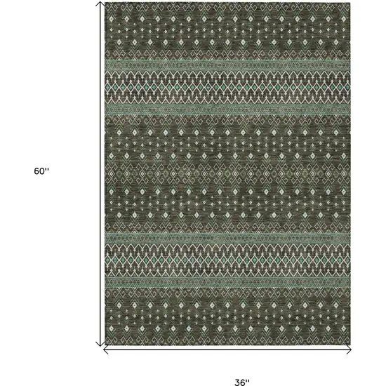 Brown Green And Olive Green Tribal Washable Indoor Outdoor Area Rug Photo 3