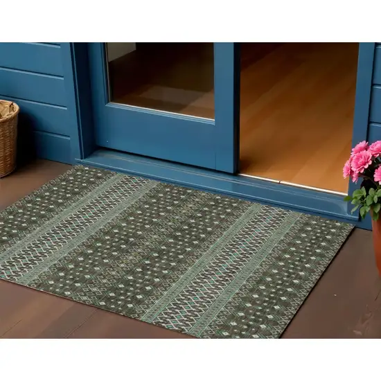 Brown Green And Olive Green Tribal Washable Indoor Outdoor Area Rug Photo 1