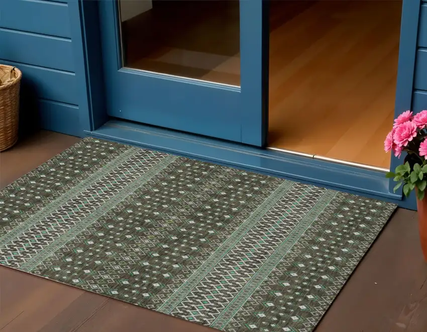 Brown Green And Olive Green Tribal Washable Indoor Outdoor Area Rug Photo 1