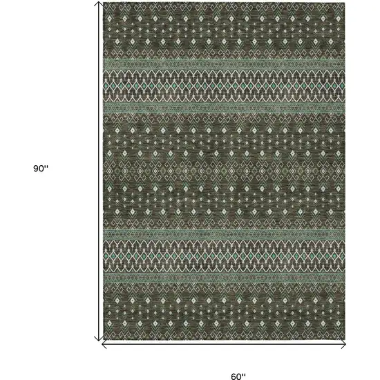 Brown Green And Olive Green Tribal Washable Indoor Outdoor Area Rug Photo 3