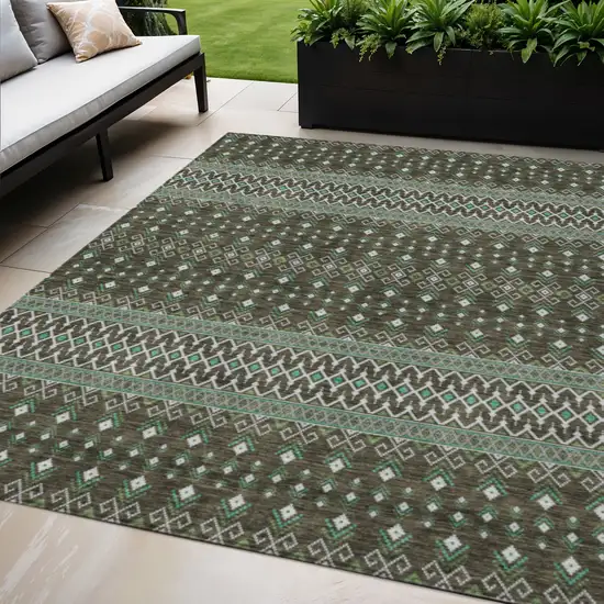 Brown Green And Olive Green Tribal Washable Indoor Outdoor Area Rug Photo 1