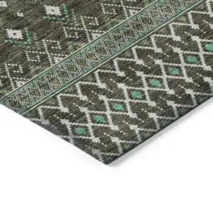 Photo of Brown Green And Olive Green Tribal Washable Indoor Outdoor Area Rug