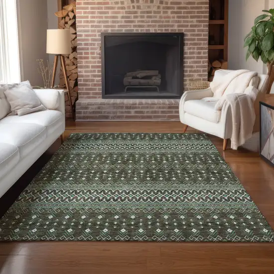 Brown Green And Olive Green Tribal Washable Indoor Outdoor Area Rug Photo 9