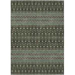 Photo of Brown Green And Olive Green Tribal Washable Indoor Outdoor Area Rug