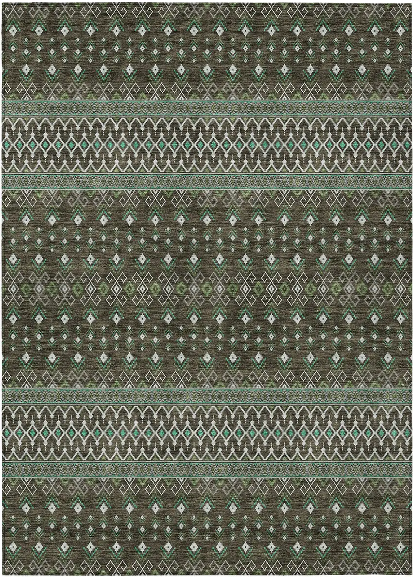 Brown Green And Olive Green Tribal Washable Indoor Outdoor Area Rug Photo 1