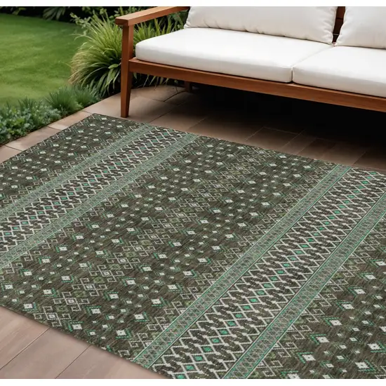 Brown Green And Olive Green Tribal Washable Indoor Outdoor Area Rug Photo 1