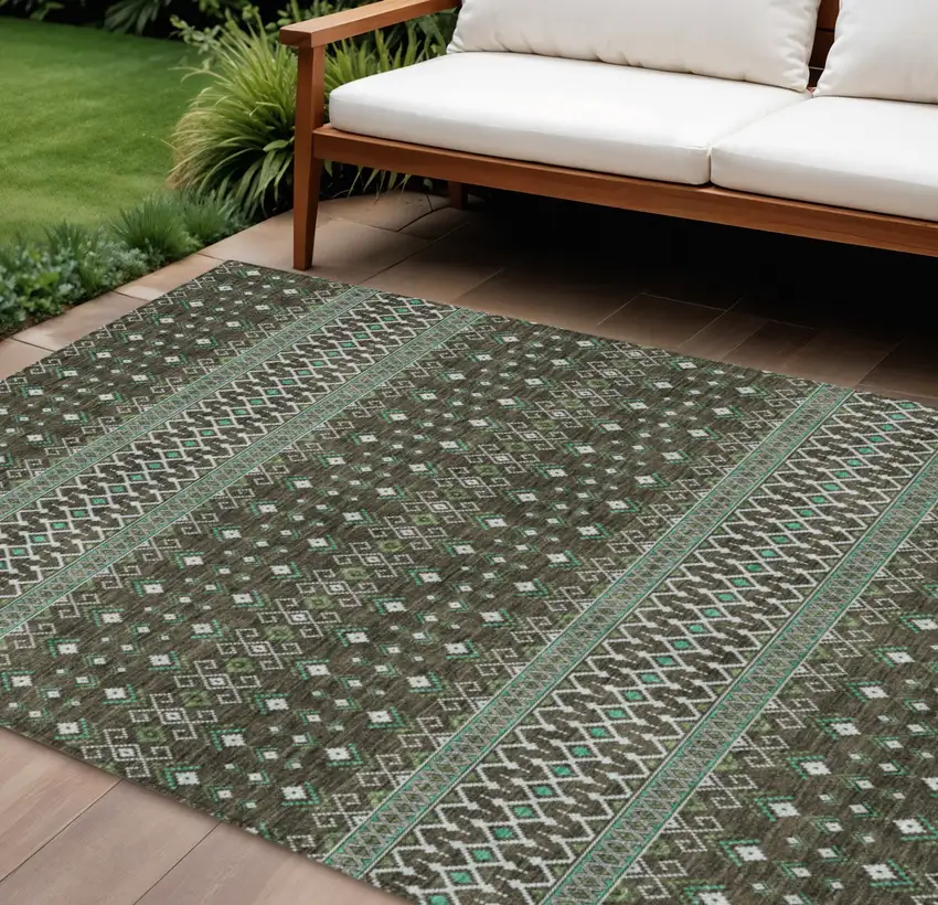 Brown Green And Olive Green Tribal Washable Indoor Outdoor Area Rug Photo 1