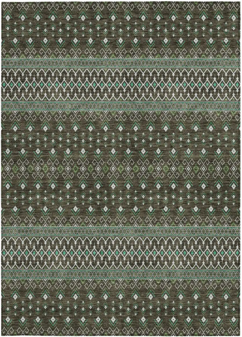 Brown Green And Olive Green Tribal Washable Indoor Outdoor Area Rug Photo 7