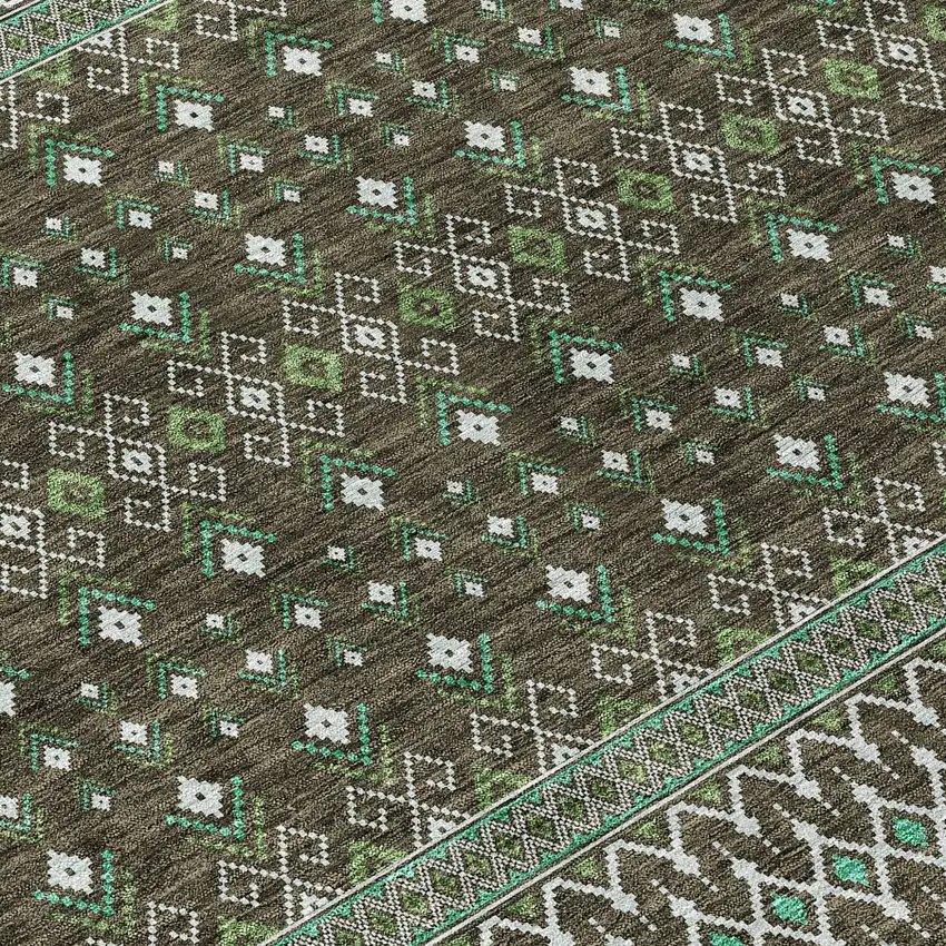 Brown Green And Olive Green Tribal Washable Indoor Outdoor Area Rug Photo 4