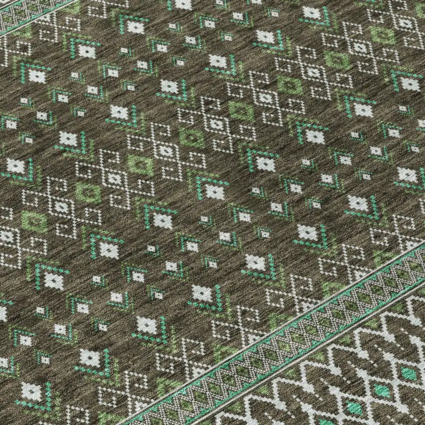 Brown Green And Olive Green Tribal Washable Indoor Outdoor Area Rug Photo 4