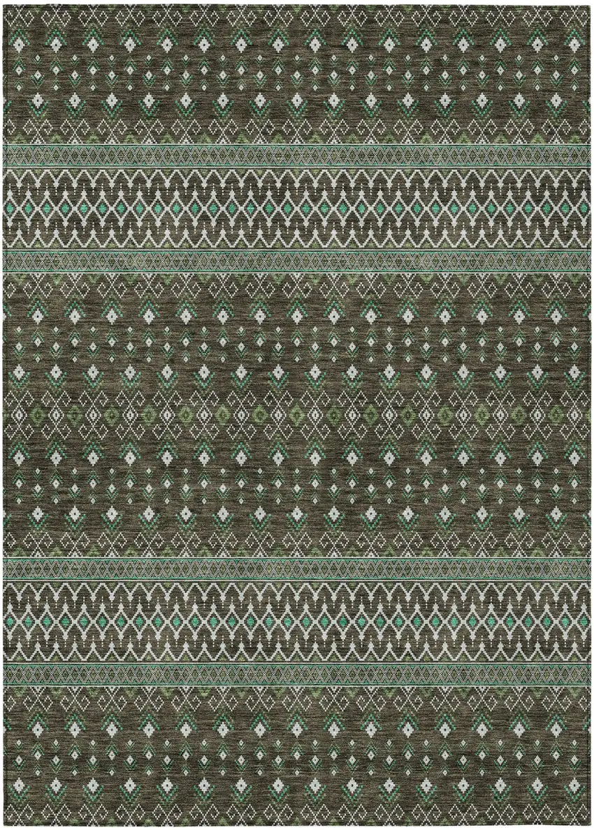 Brown Green And Olive Green Tribal Washable Indoor Outdoor Area Rug Photo 1