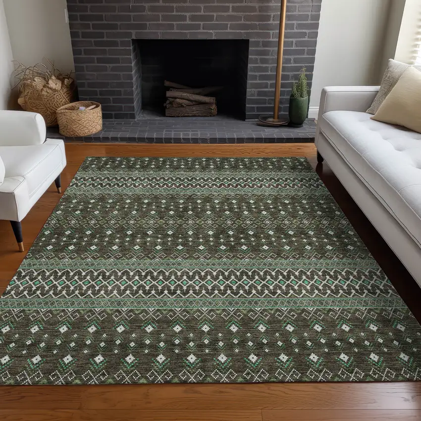 Brown Green And Olive Green Tribal Washable Indoor Outdoor Area Rug Photo 8