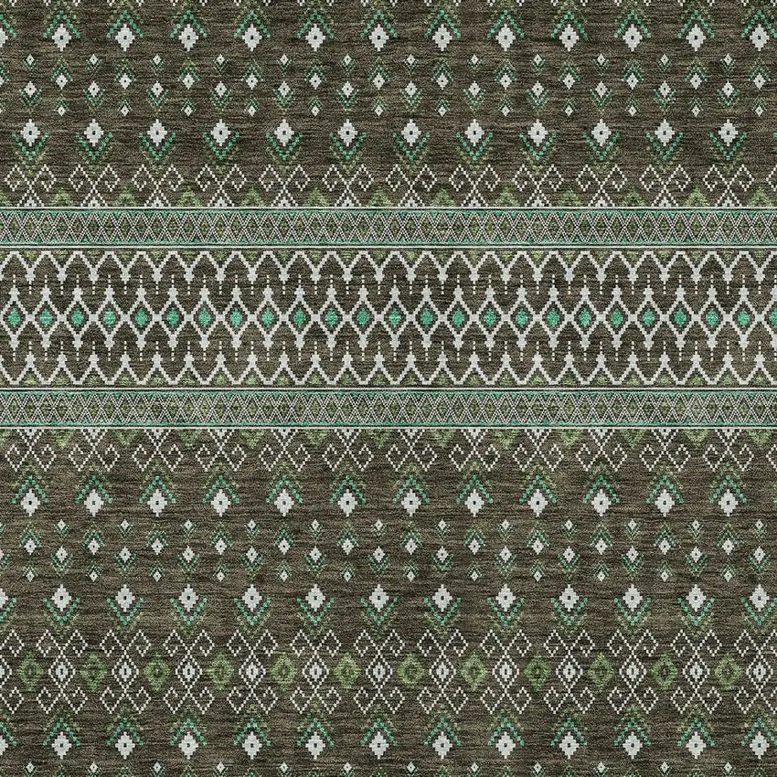 Brown Green And Olive Green Tribal Washable Indoor Outdoor Area Rug Photo 5