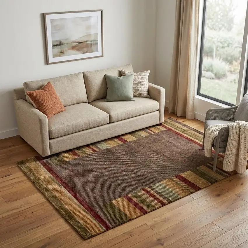Brown Green And Red Striped Hand Knotted Area Rug Photo 1