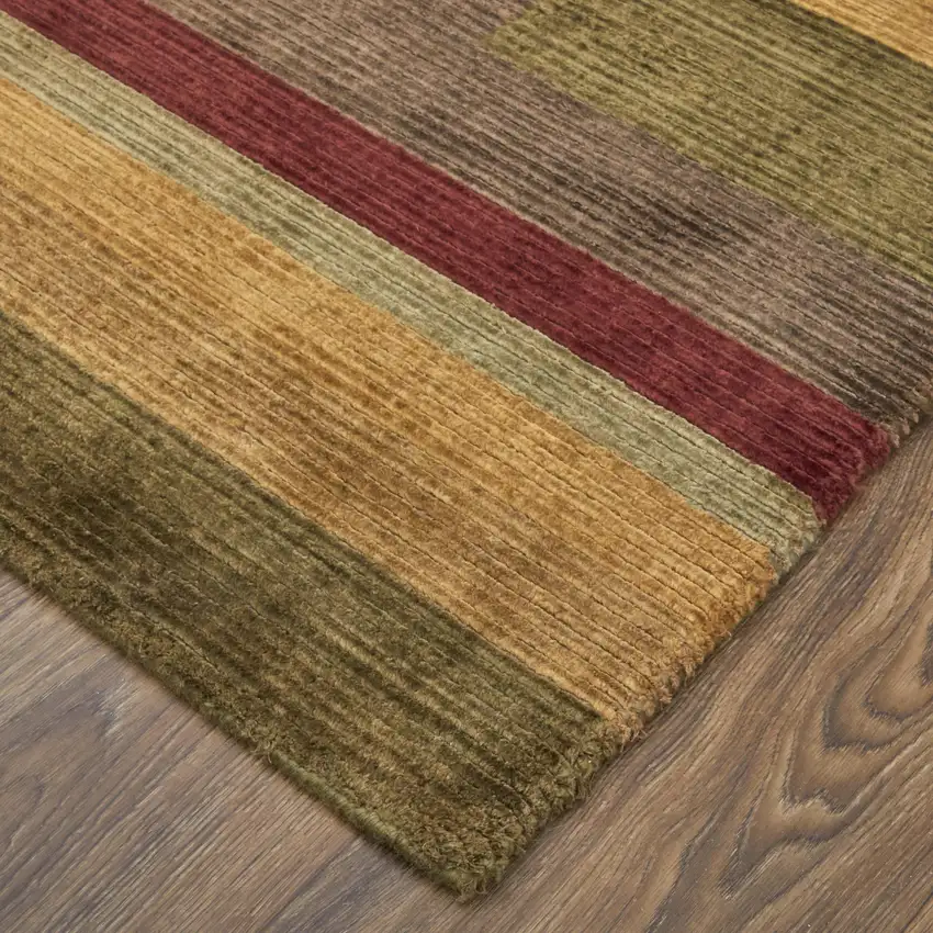 Brown Green And Red Striped Hand Knotted Area Rug Photo 3