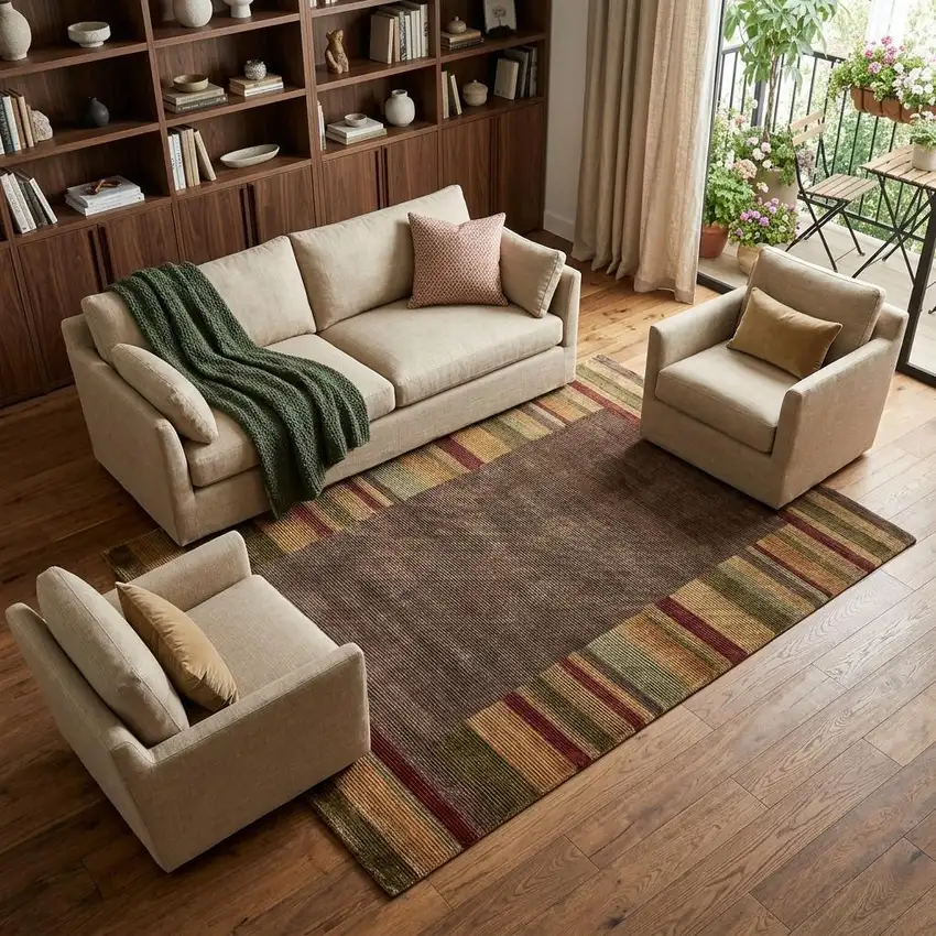Brown Green And Red Striped Hand Knotted Area Rug Photo 1