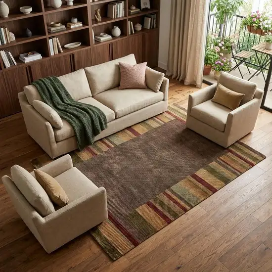 Brown Green And Red Striped Hand Knotted Area Rug Photo 1