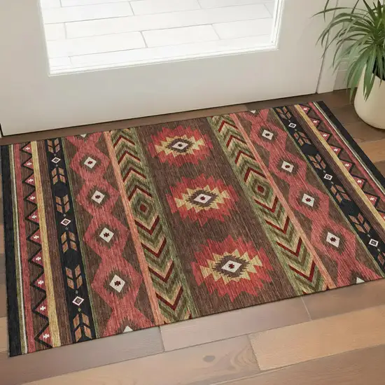 Brown Green And Rust Geometric Washable Area Rug With UV Protection Photo 1