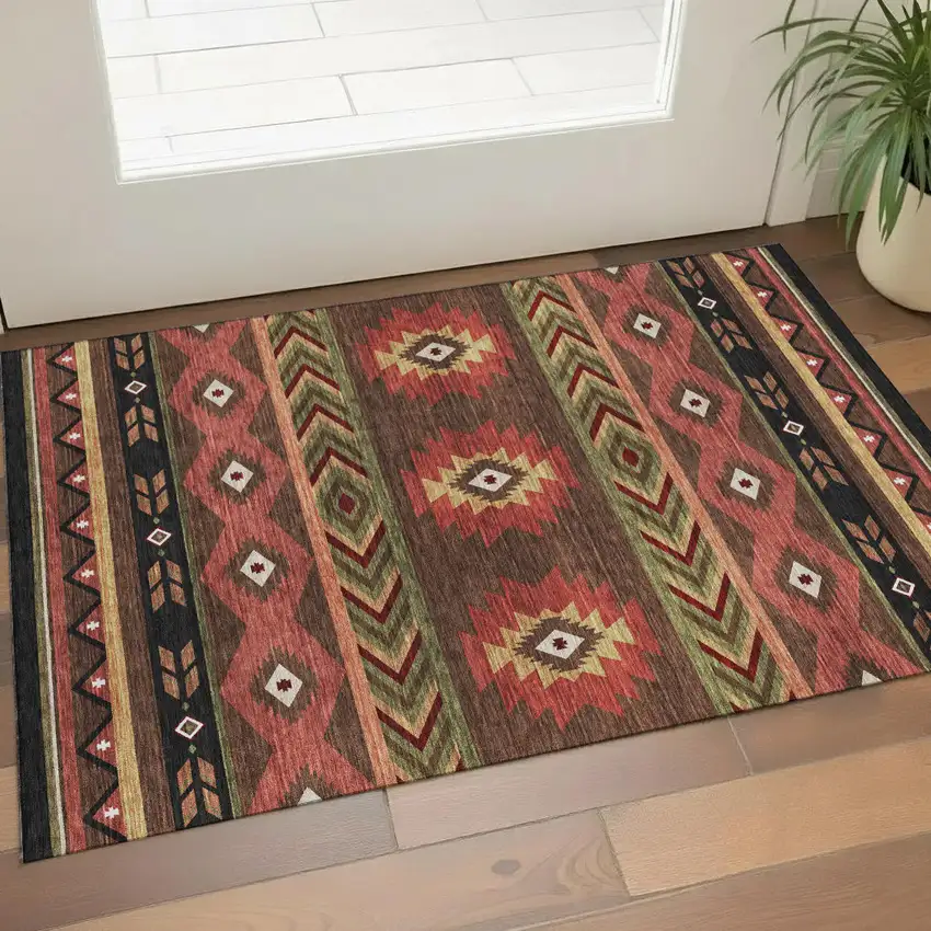 Brown Green And Rust Geometric Washable Area Rug With UV Protection Photo 1