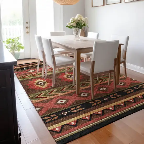 Brown Green And Rust Geometric Washable Area Rug With UV Protection Photo 7