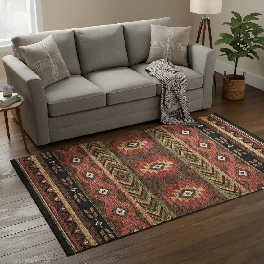 Brown Green And Rust Geometric Washable Area Rug With UV Protection Photo 1