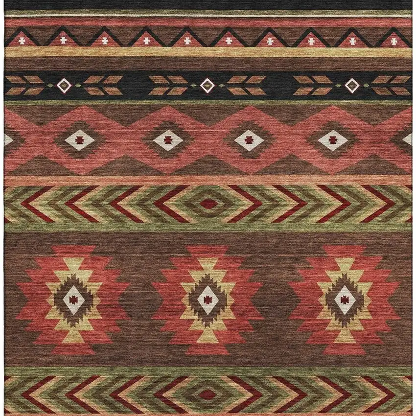 Brown Green And Rust Geometric Washable Area Rug With UV Protection Photo 4