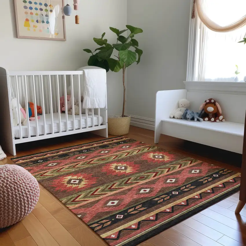 Brown Green And Rust Geometric Washable Area Rug With UV Protection Photo 6