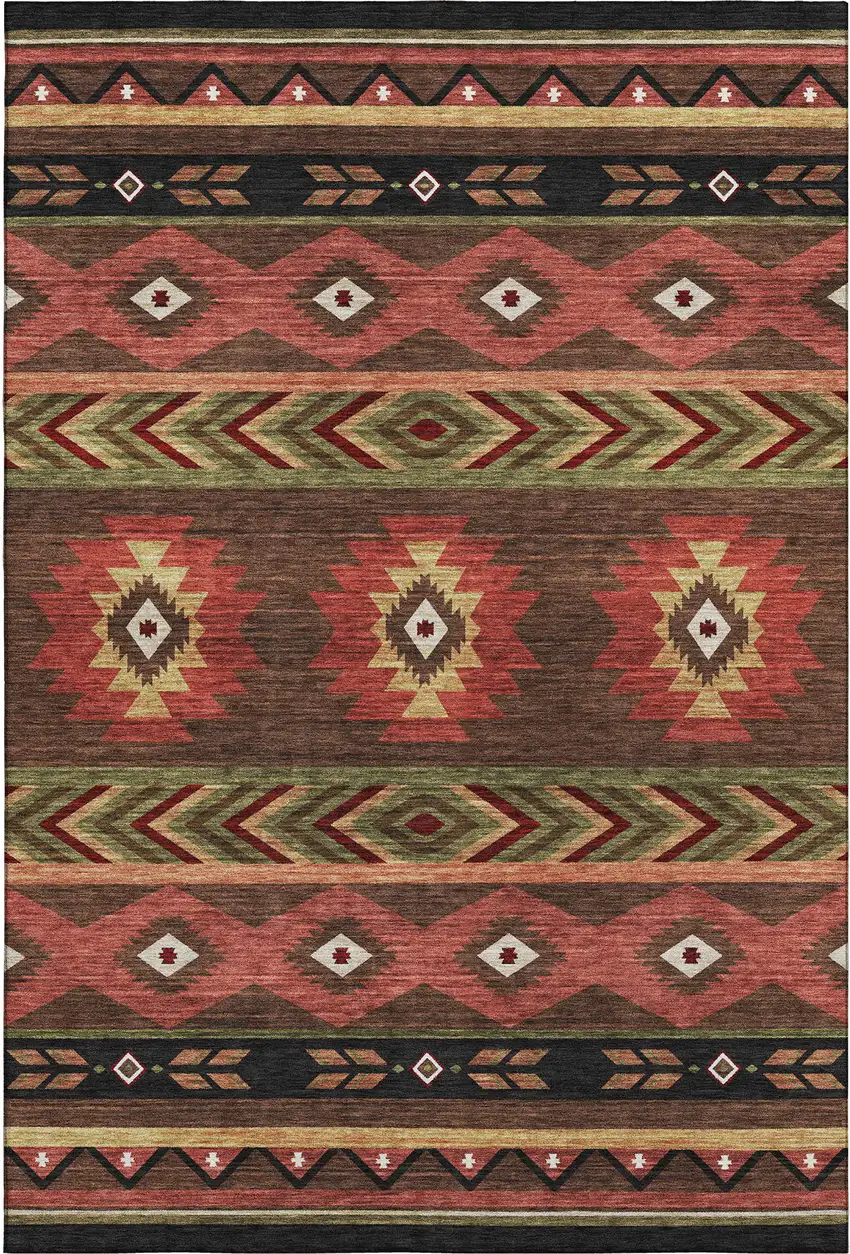 Brown Green And Rust Geometric Washable Area Rug With UV Protection Photo 2