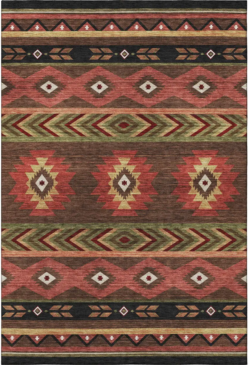 Brown Green And Rust Geometric Washable Area Rug With UV Protection Photo 4