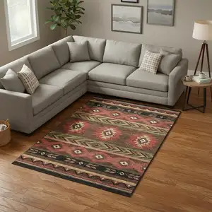 Photo of Brown Green And Rust Geometric Washable Area Rug With UV Protection