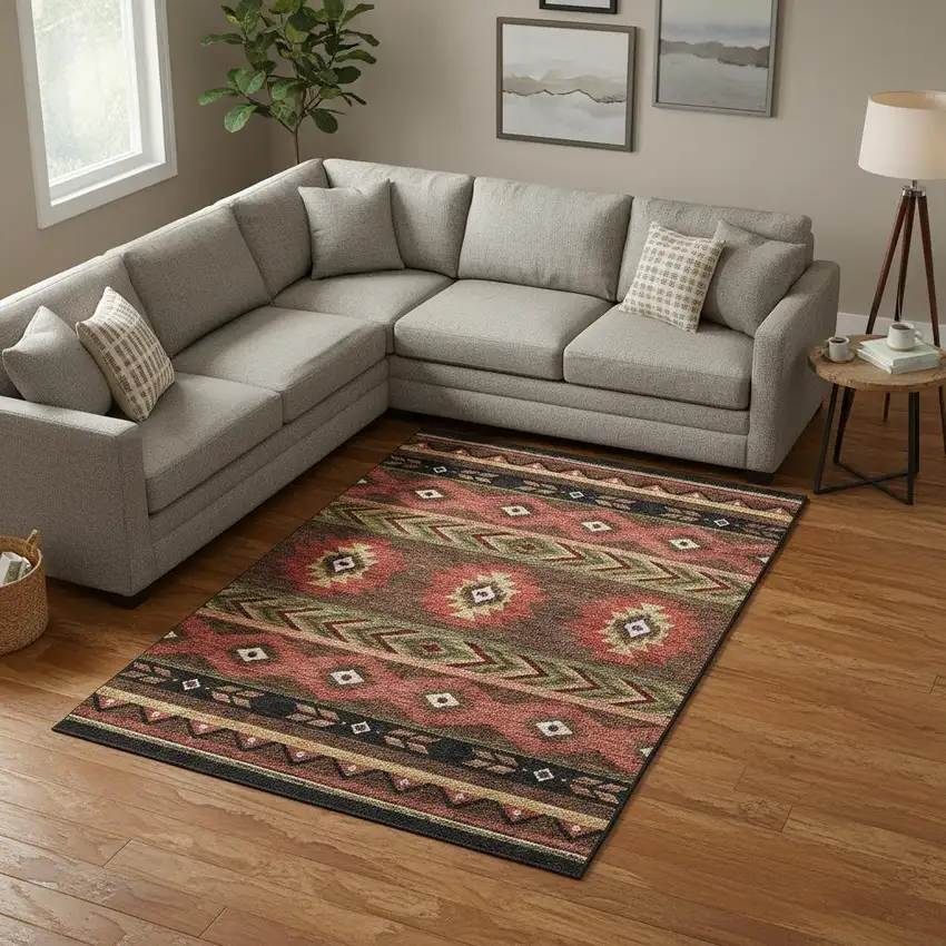 Brown Green And Rust Geometric Washable Area Rug With UV Protection Photo 1