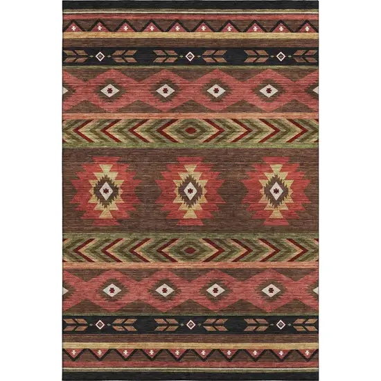 Brown Green And Rust Geometric Washable Area Rug With UV Protection Photo 2