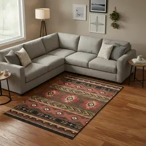 Photo of Brown Green And Rust Geometric Washable Area Rug With UV Protection