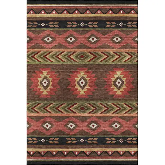 Brown Green And Rust Geometric Washable Area Rug With UV Protection Photo 4