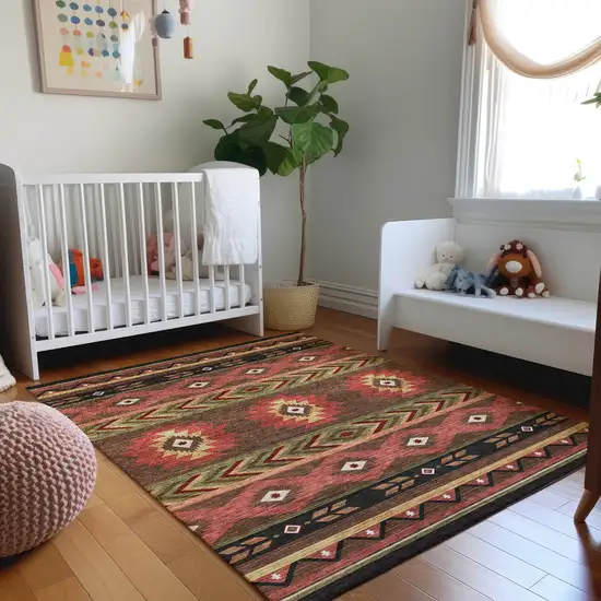 Brown Green And Rust Geometric Washable Area Rug With UV Protection Photo 4