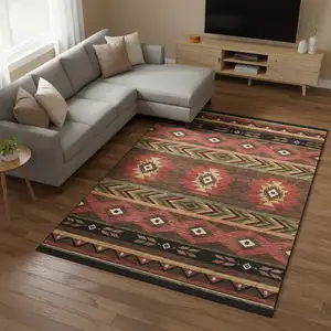 Photo of Brown Green And Rust Geometric Washable Area Rug With UV Protection