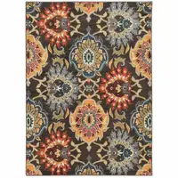 Photo of Brown Grey Rust Red Gold Teal And Blue Green Floral Power Loom Stain Resistant Area Rug
