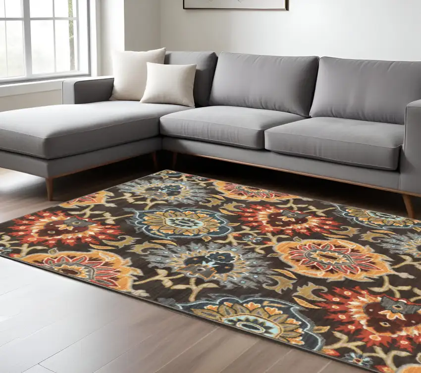 Blue and Green Floral Power Loom Area Rug Photo 1