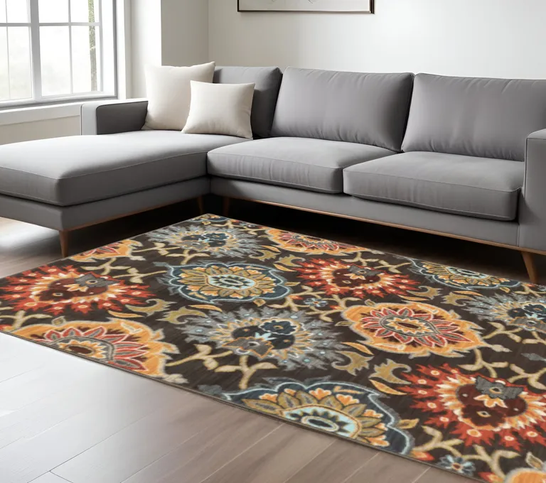Brown Grey Rust Red Gold Teal And Blue Green Floral Power Loom Stain Resistant Area Rug Photo 4