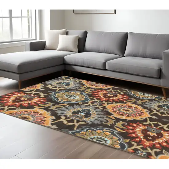 Brown Grey Rust Red Gold Teal And Blue Green Floral Power Loom Stain Resistant Area Rug Photo 1