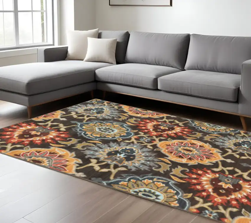 Brown Grey Rust Red Gold Teal And Blue Green Floral Power Loom Stain Resistant Area Rug Photo 1