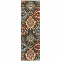 Photo of Brown Grey Rust Red Gold Teal And Blue Green Floral Power Loom Stain Resistant Runner Rug