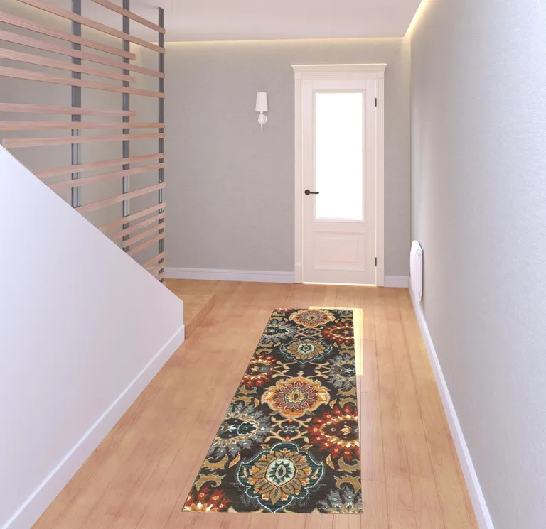 Brown Grey Rust Red Gold Teal And Blue Green Floral Power Loom Stain Resistant Runner Rug Photo 2